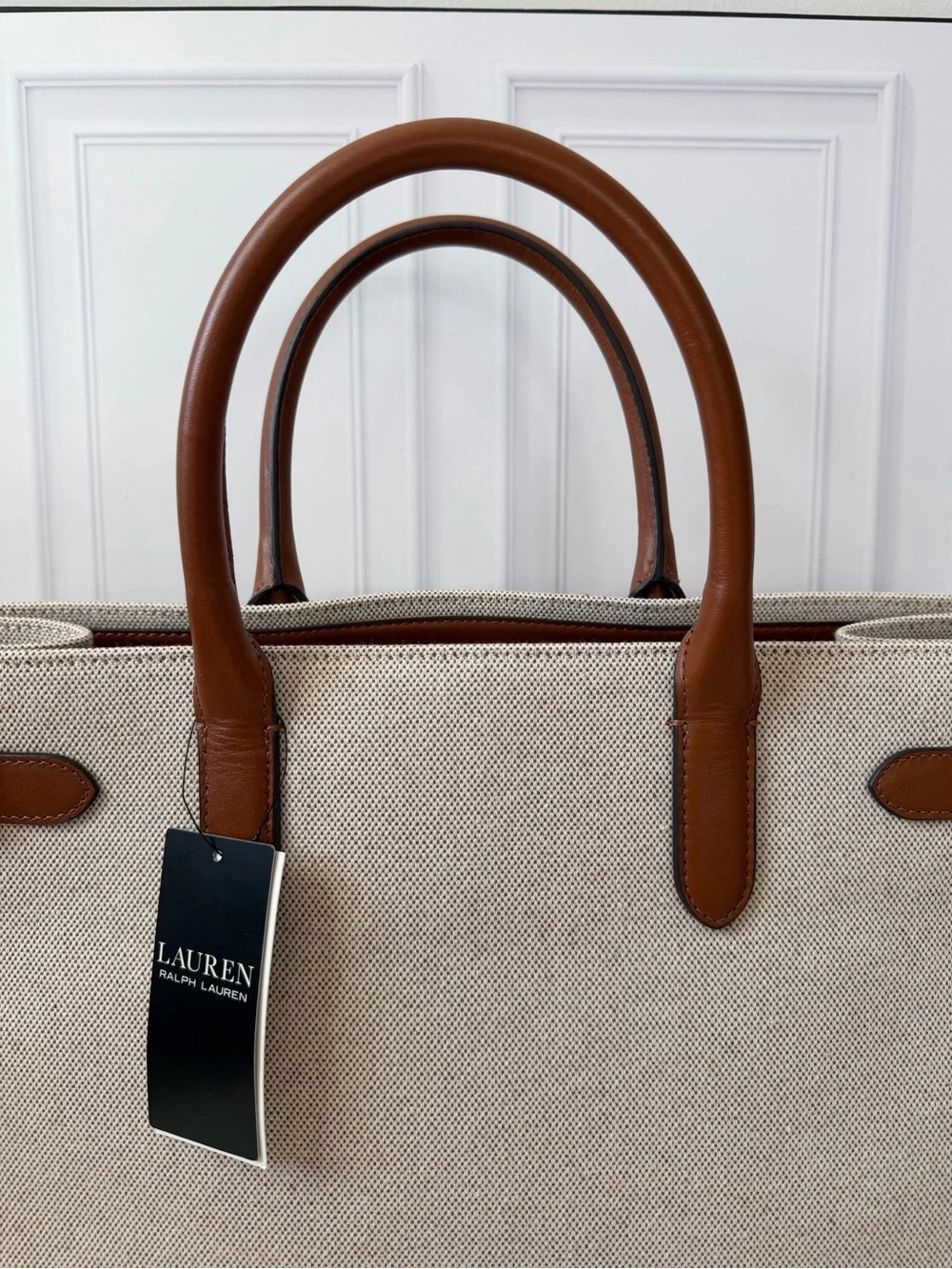 Lauren Ralph Lauren Canvas Leather Large Tote Bag Tan Brown NWT $325